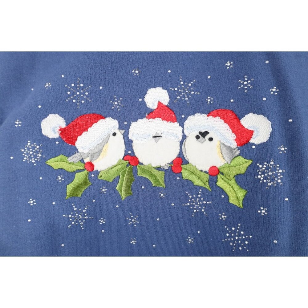 Vintage 90s Streetwear Womens Large Faded Christmas Snow Birds Sweatshirt Blue - Picture 4 of 12